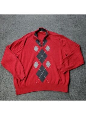 IZOD Sweater Mens L Large Cotton Pullover Zip Up Red Diamond Argyle